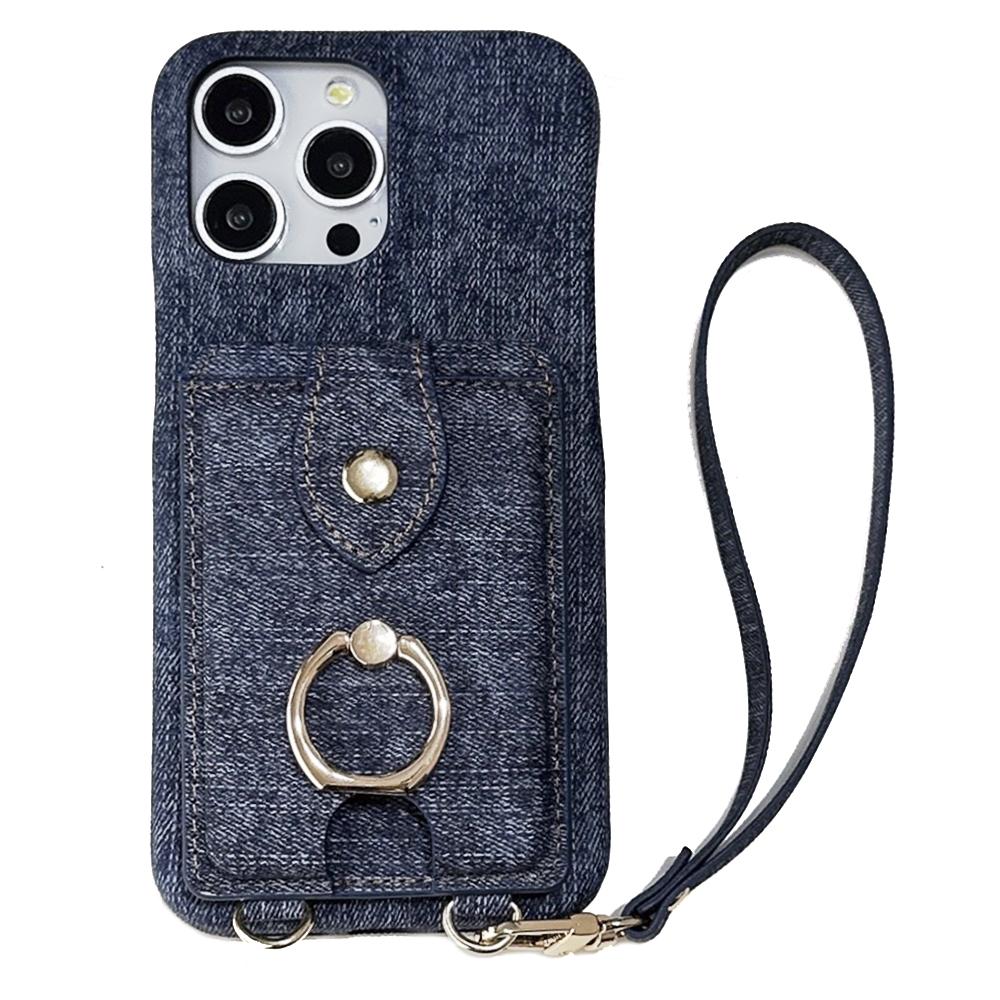 For iPhone 16 Pro Case Ring Kickstand Card Holder Jeans Cloth Texture PU Leather Back Cover with Strap D