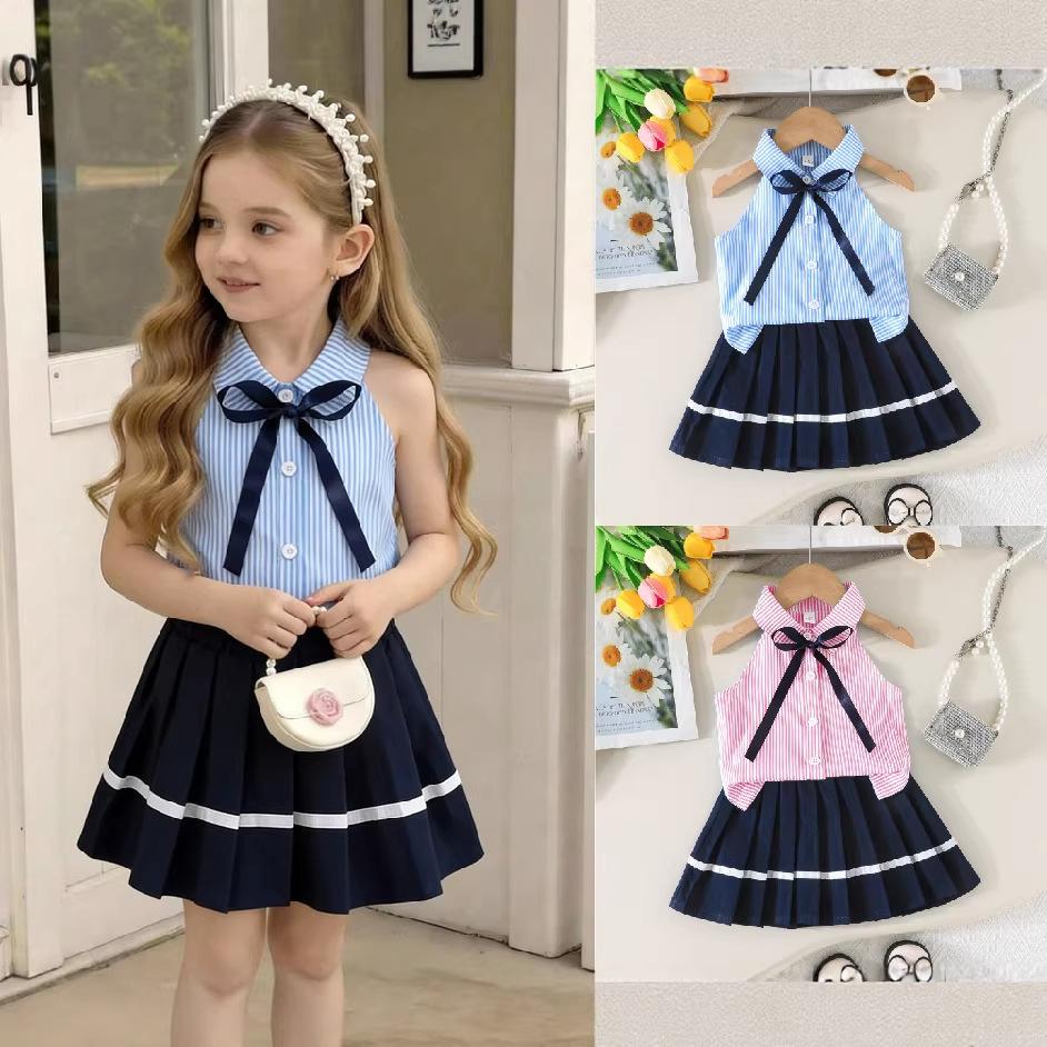 Mädchenmode-Set: Sommer Preppy-Style Gestreiftes Oberteil + Faltenrock Zweiteiliges Set