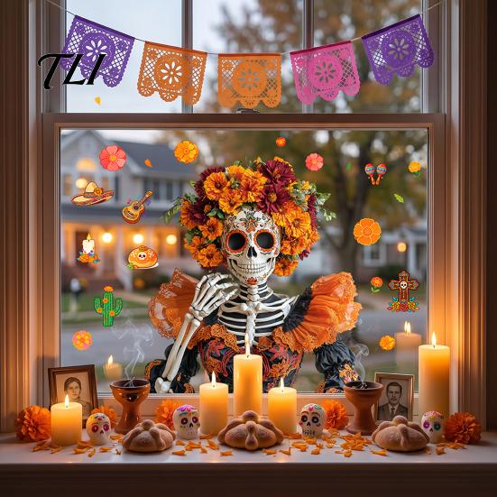 Mexican Fiesta Party Decorations Day of The Dead Window Clings, Halloween Double-Sided Skull Sticker, Ethnic Pattern Wall Art Colorful Flower Skeleton