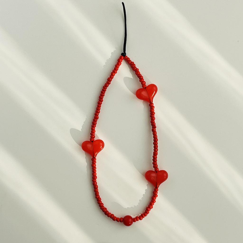 Korean Rosé Phone Lanyard: Black Heart & Peach Beaded Wrist Chain