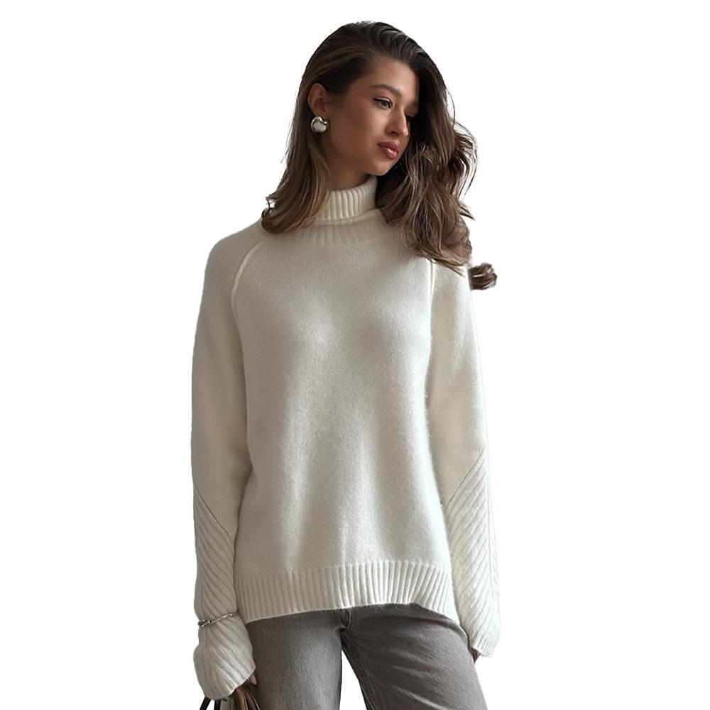 High Neck Pullover Sweater Autumn Winter White Knitwear Loose Casual Knit Sweater for Women Luxurious Relaxed-fit Slimming and Versatile Top