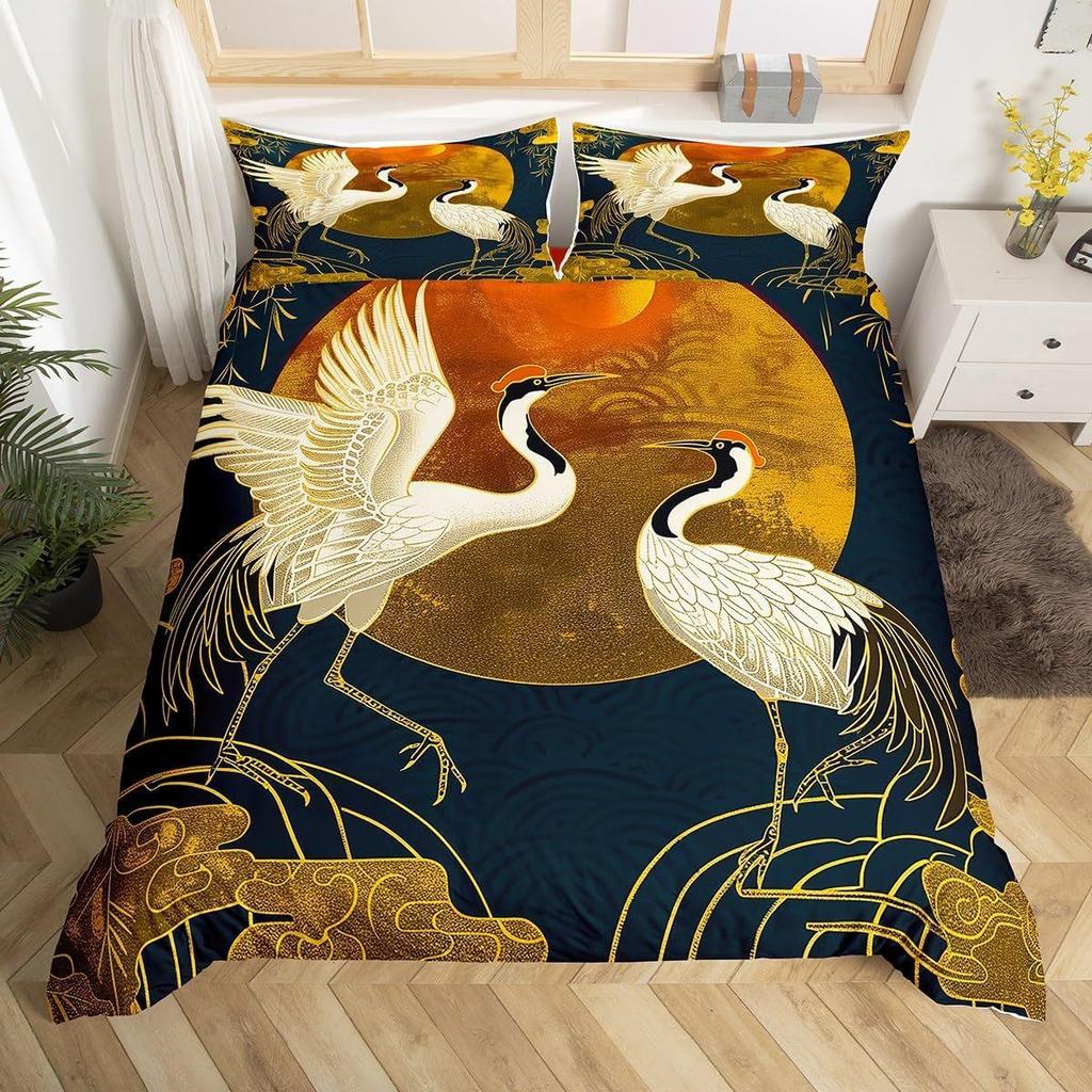 Crane Duvet Set Japanese Tree Bedding Three-Piece Room Decoration Animal Ukiyo-E Style Quilt Cover