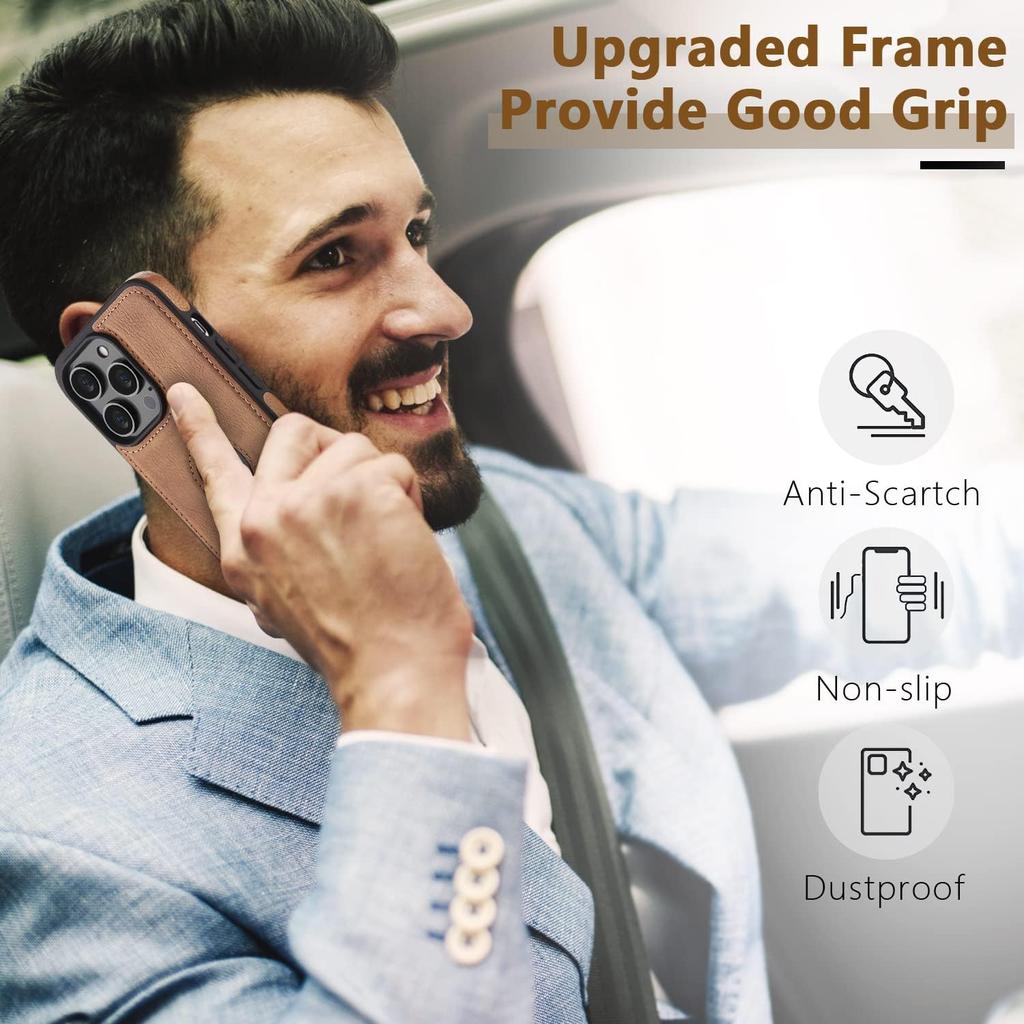 Unique Design Luxury Leather Business Phone Case for iPhone 14 Pro Anti-Slip Scratch Resistant Ultra Slim Protective Case (2022,6.1”) (Brown)