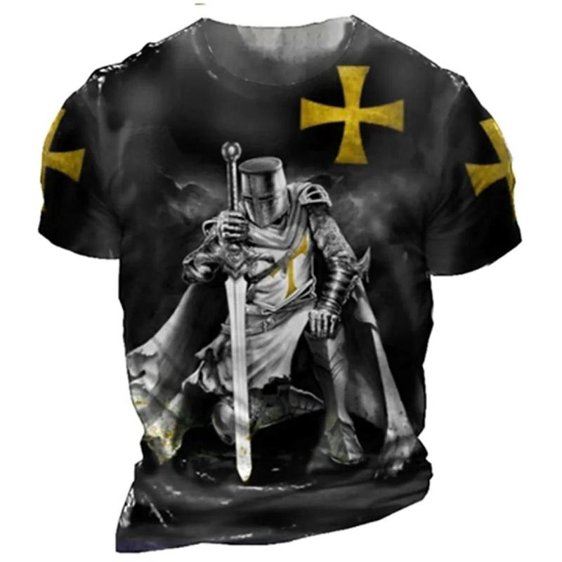 Knights Templar Print Vintage Men's T-shirt Summer  Casual Men Clothing Oversized Tops Short Sleeve Tees Casual O-Neck T Shirts