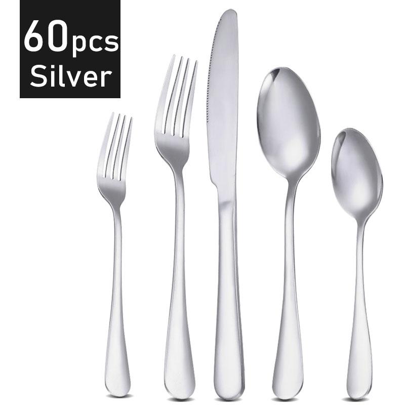 60Pcs Dinnerware Set Cutlery Set Stainless Steel Flatware Cake Fruit Fork Tea Spoon Kitchen Knife Fork Spoon Tableware Set