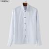 INCERUN Men Spring Stand Neck Long Sleeve Striped Casual Oversized Shirts Tops