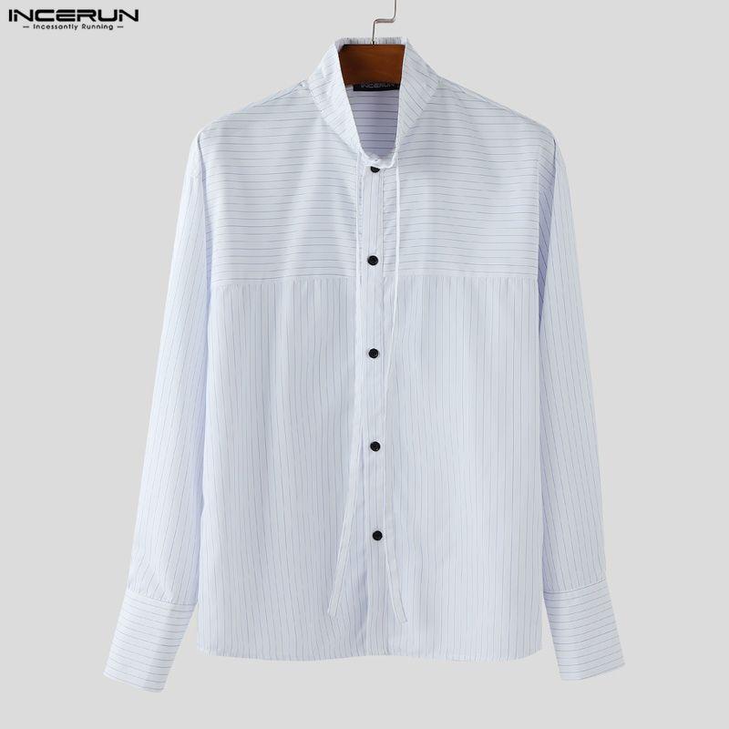 INCERUN Men Spring Stand Neck Long Sleeve Striped Casual Oversized Shirts Tops
