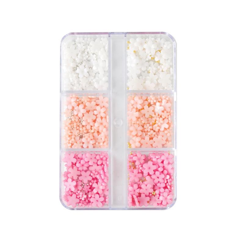 6-Grid Nail Art Set: Resin Mix, Pearls, Steel Beads, Macaron & Candy Color Flowers 3D Decor.