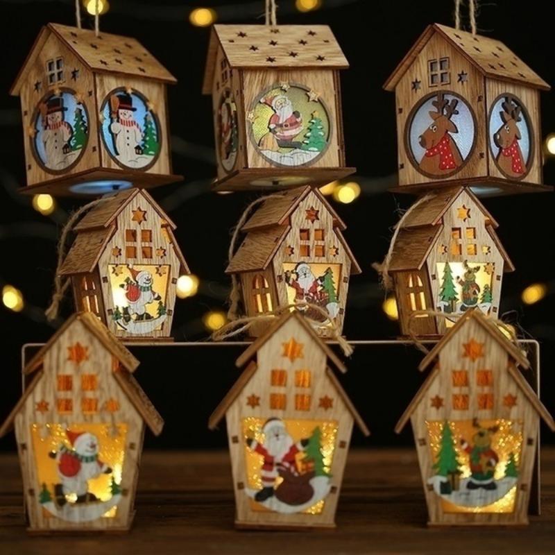 1Pcs Christmas Decorations for Tree LED Light Wood House Cute Tree Hanging Ornaments Holiday Home Decor Party Supplies