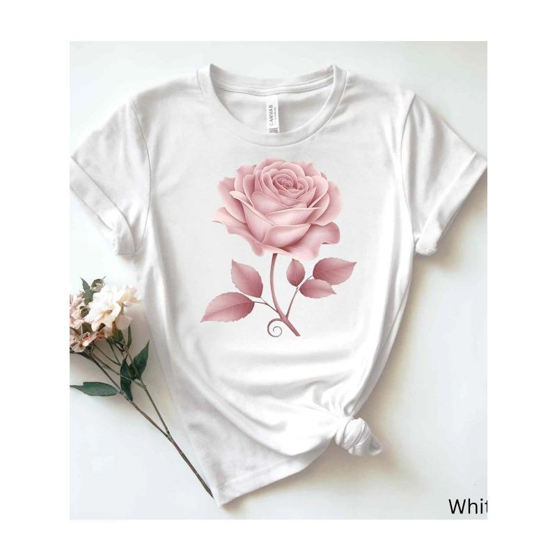 

European Size White Pure Women s T - Shirt: Elegant Pink Rose Print 4XL білий