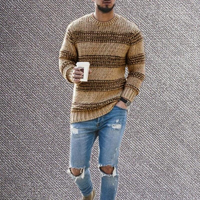 

2025 Autumn/Winter New Striped Sweater Men s Slim-fit Round Neck Long Sleeve Sweater S хакі