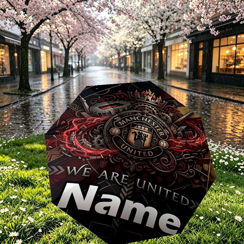 Custom Name Personalized Manchester United Print Umbrella, Auto Open Close, 8‑Rib Sturdy Frame, Commute Camping Hiking Use, Birthday Gift