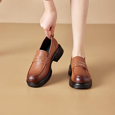 Platform Loafers Women's Spring New Leather Shoes Genuine Leather Chunky Heel Buckle Soft Bottom Slip-on Pumps