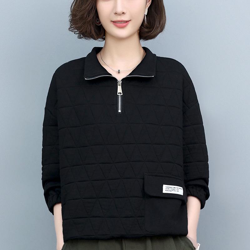 Women's Quilted High Neck Zipper Pullover Sweater - 2024 Autumn/Winter Collection, Petite Fit, No Hood