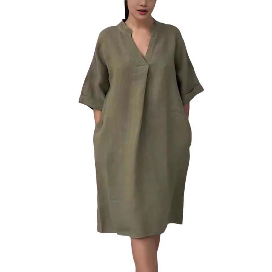 Robe d'été pour femmes, col en V, neuvième manche, coupe trapèze, ample, couleur unie, avec poches latérales, longueur genou