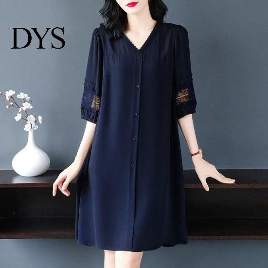 Solid Color Dress Summer Women Plus Size V Neck Loose Half Sleeves Commute Midi Hollow Out Lace Single-breasted Knee Length A-line Long