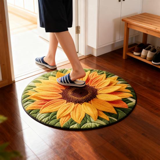 3D Sunflower Floor Mat Non-Slip Absorbent Bathroom Rug Quick-Dry Round Floral Area Rug for Farmhouse Bedroom Entryway Living Room