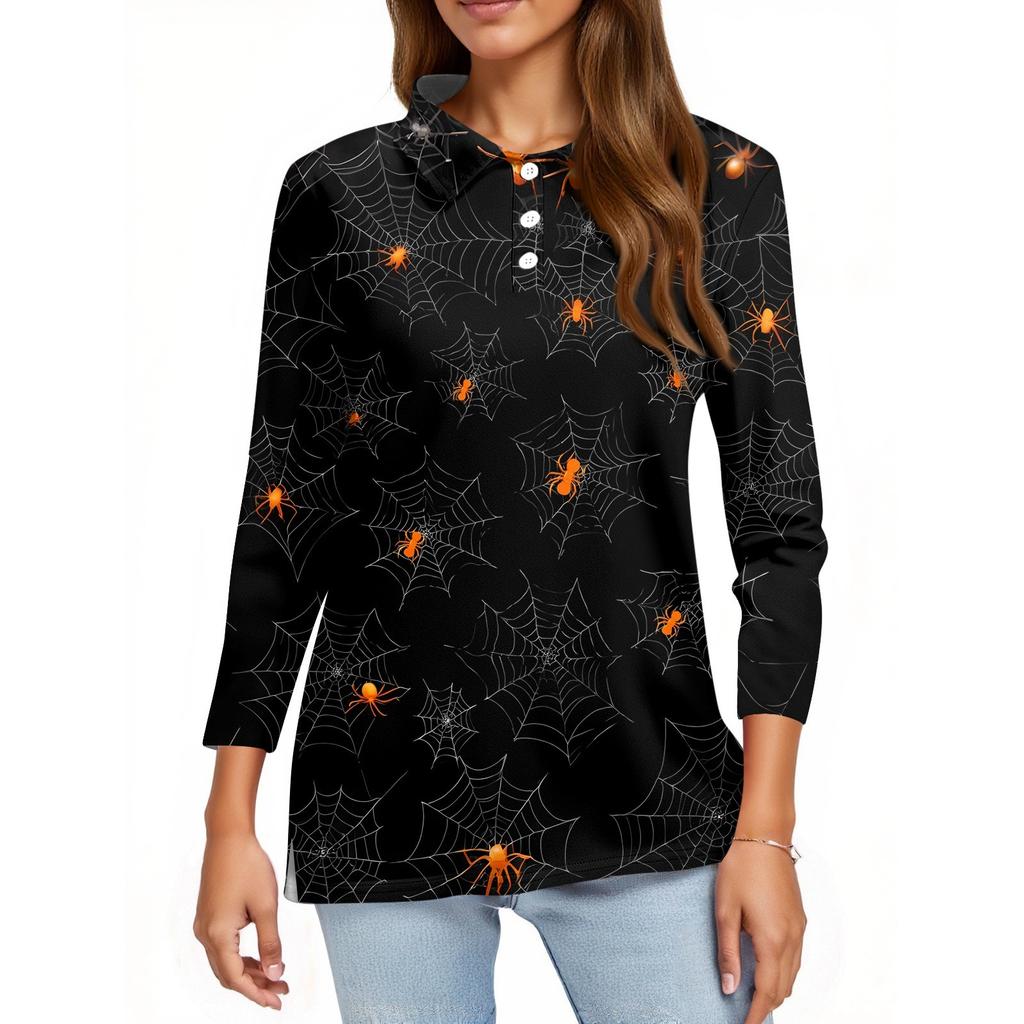 Women's Fashion Casual Lapel Short 3/4 Sleeve Halloween Print Shirt Women's Button Up Tops