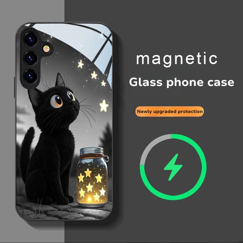 Black Cat Star Pattern Magnetic Glass Phone Case Suitable for Samsung for Galaxy S26 S25 S24 S22 S21 S20FE Ultra Plus5GAnti Drop