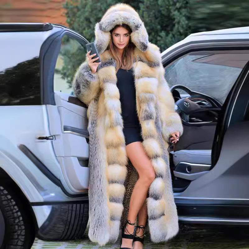 2023 Toamnă Femei Palton Lung cu Glugă Patchwork Blană Faux