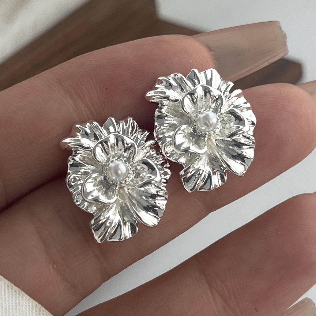 

925 Sterling Silver Vintage Earrings For Women Trendy Simple Gold Flower Pearl Earring Jewelry Prevent Allergy Party Accessories