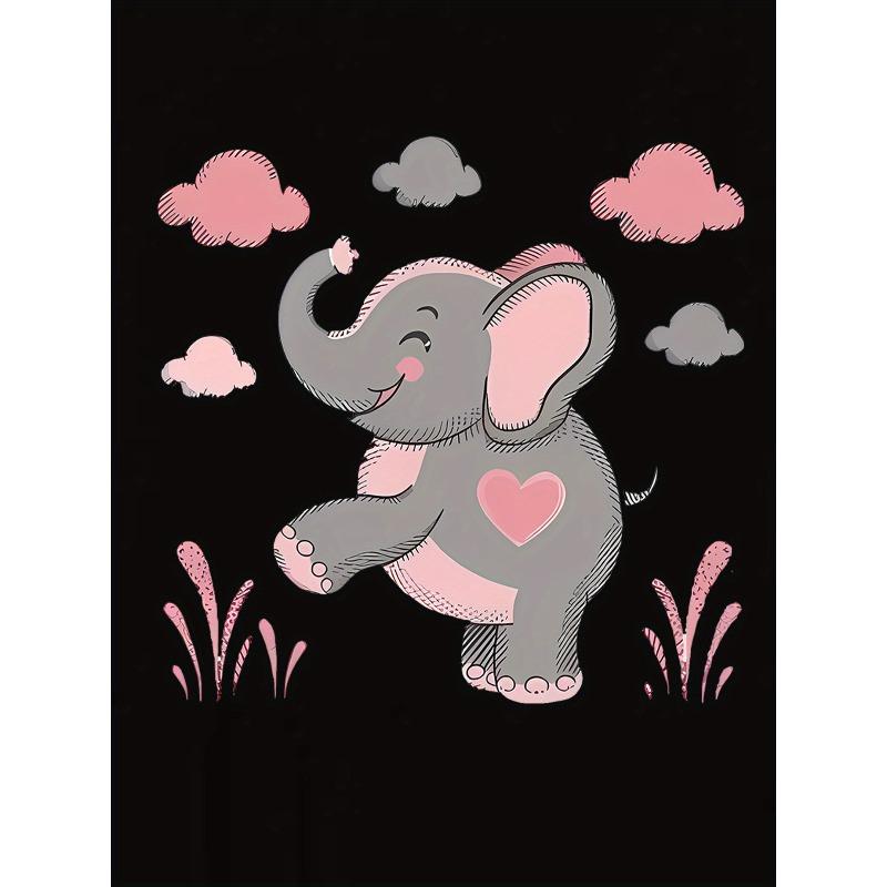 European Size Women'S Casual Elephant Heart Print T-Shirt, Polyester Crew Neck Tee, Short Sleeve Knit Fabric Top with Medium Stretch, Animal Pattern
