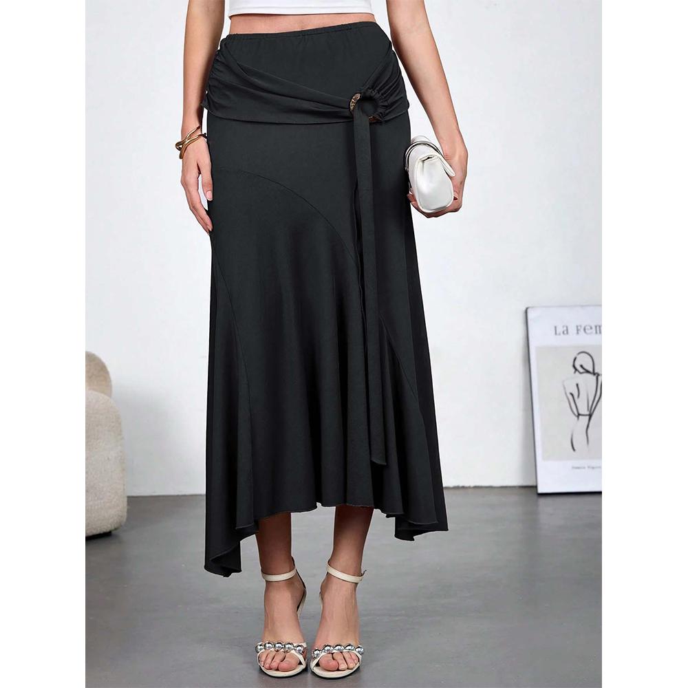 Women's Western Asymmetrical Long Skirt Vintage Boho Metal Ring Ruched Flowy Coquette Skirts
