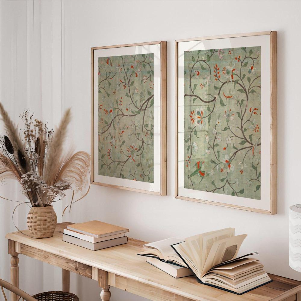 2pcs Frameless Medieval Textile Prints, Antique Bird Wall Art, Green Poster Wallpaper Art, Living Room Bedroom Wall Decoration