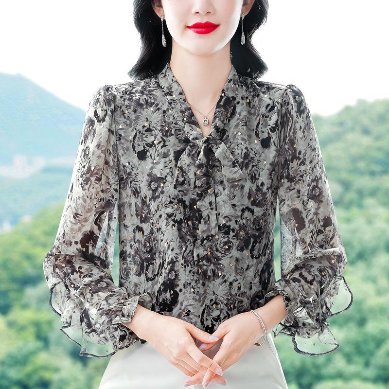 Stylish High End Loose Blouse Long Sleeve Chiffon Top Trendy and Elegant for Autumn Spring Versatile Tummy Cover