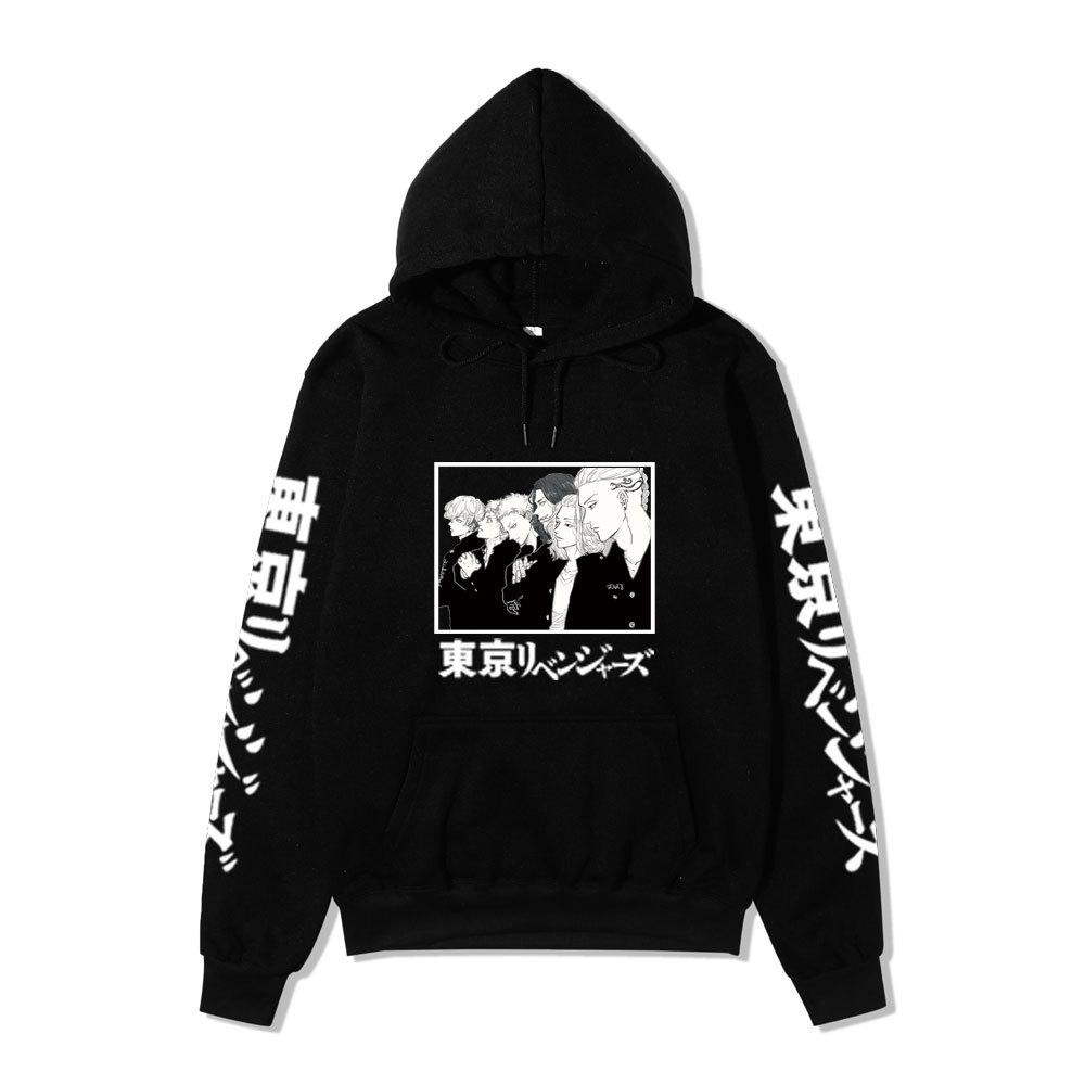 Black Warm Fleece Hooded Sweatshirt Tokyo Revengers Team Comic Print Unisex Autumn Winter Casual Daily Long Sleeve Pullover