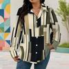 Women Plus Size Collared Long Sleeve Abstract Geometric Printed Button Front Curved Hem Shirt