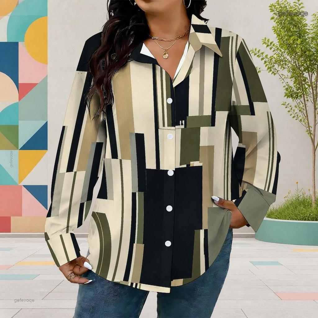 Women Plus Size Collared Long Sleeve Abstract Geometric Printed Button Front Curved Hem Shirt