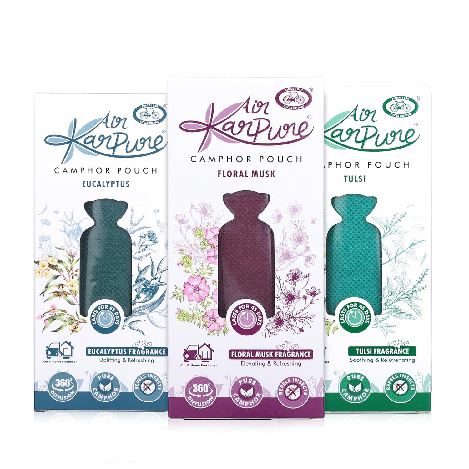 

Cycle Pure Karpure Камфорный мешочек Упаковка из 3 штук с ароматом туласи, цветочного мускуса, эвкалипта. Стойкость 45 дней. 60 г х 3