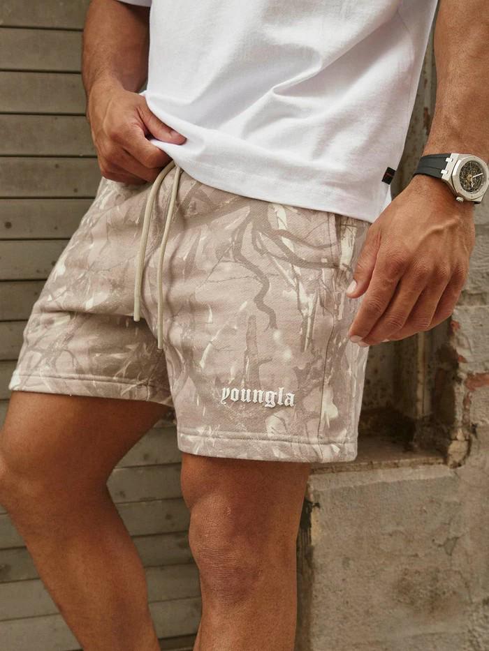 YOUNGLA Men's Casual Withered Leaf Style Camouflage Shorts - Retro Letter Loose Fit Summer Fitness Sports Beachwear