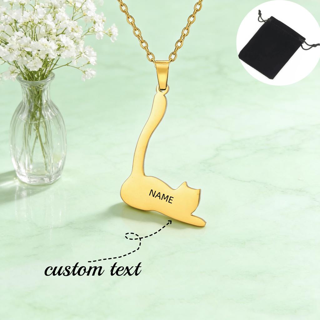 Customized Name Text Long Tail Lying Cat Necklace Stainless Steel Cat Enthusiast Hollow Animal Necklace Simple Jewelry