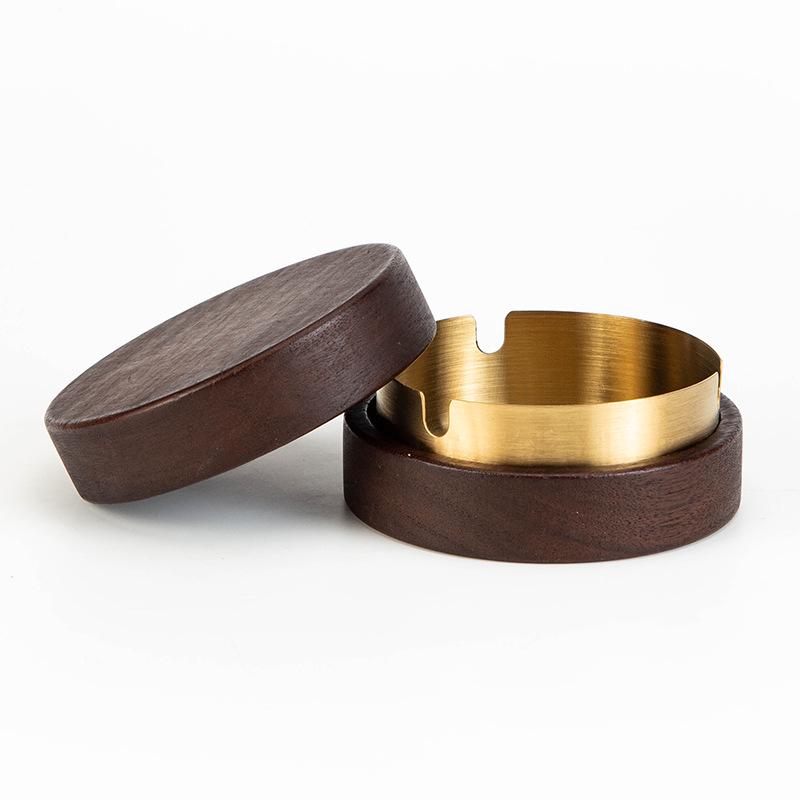 Walnut Wood Ashtray with Lid - Stainless Steel, High-End Design for Home or Office Use, Anti-Ash Flying