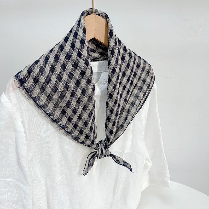 Retro Small Plaid Linen Square Scarf Literary And Versatile Women'S Summer Neck Protection Small Silk Scarf Scarf Accessories