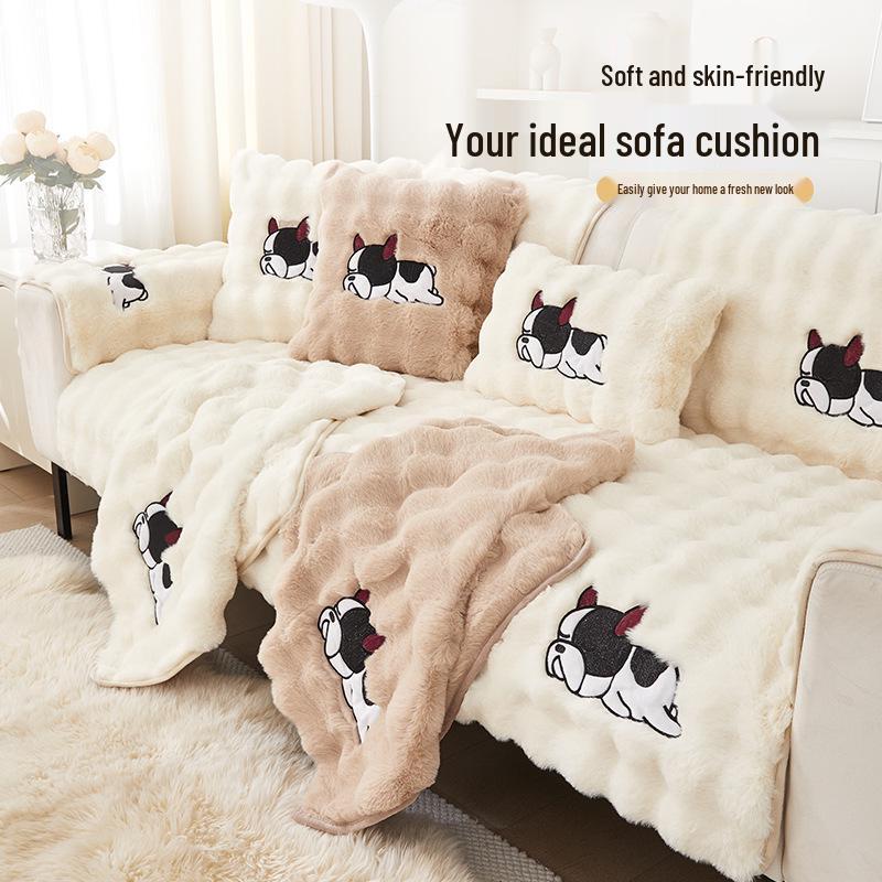 Large Rabbit Fur Plush Sofa Cushion - Winter 2025 Fleece Lined, Thickened, Non-Slip Leather Cover