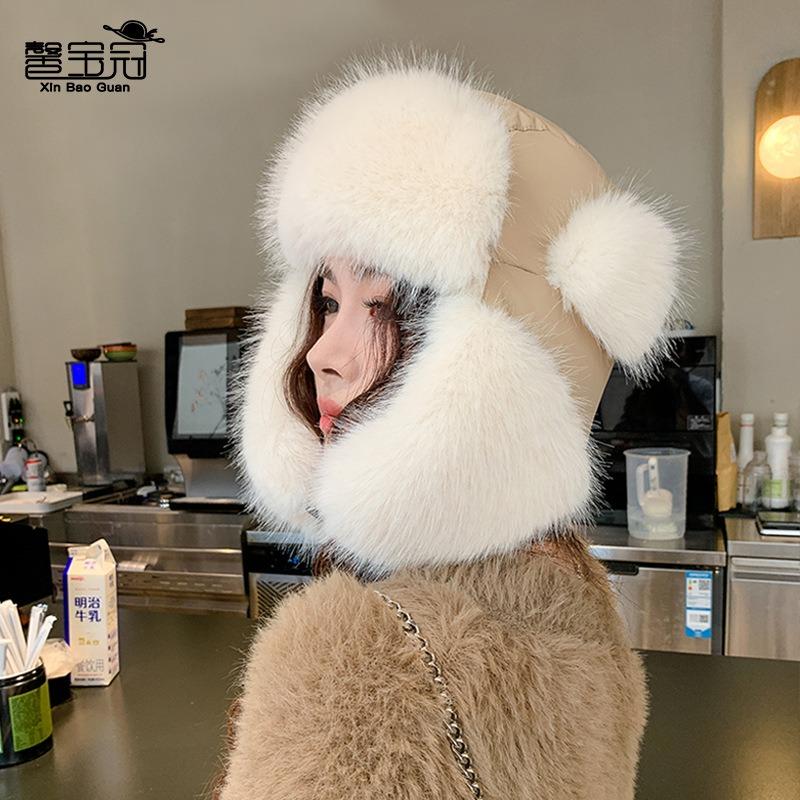 Winter outdoor windproof ear protection pullover hat thickened plush fashion hat women's ski cold and warm