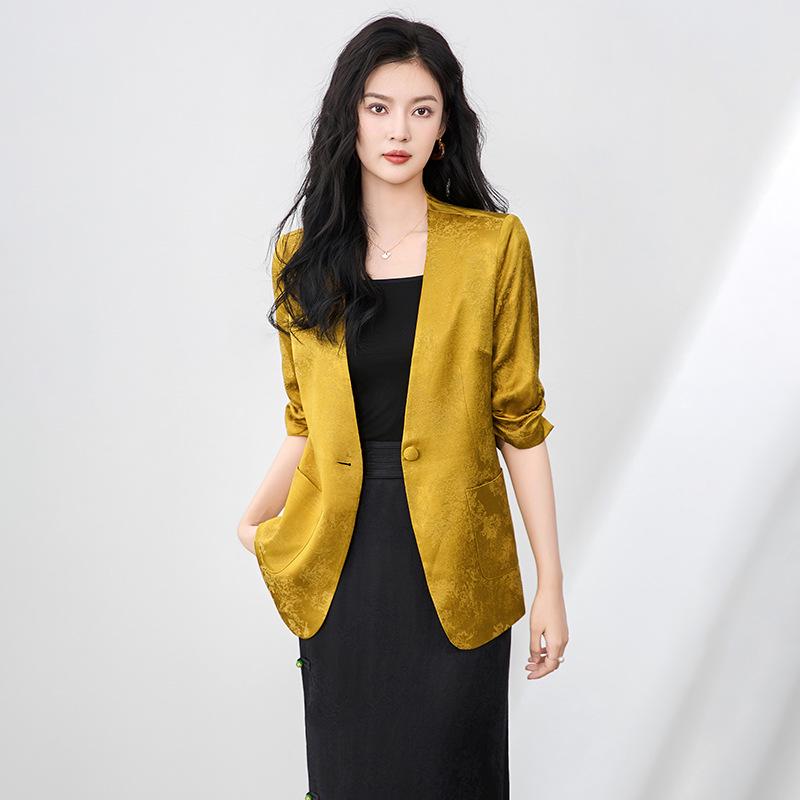 

Women s Light Luxury Jacquard Ruched Sleeve V-Neck Lace Blazer L золотой