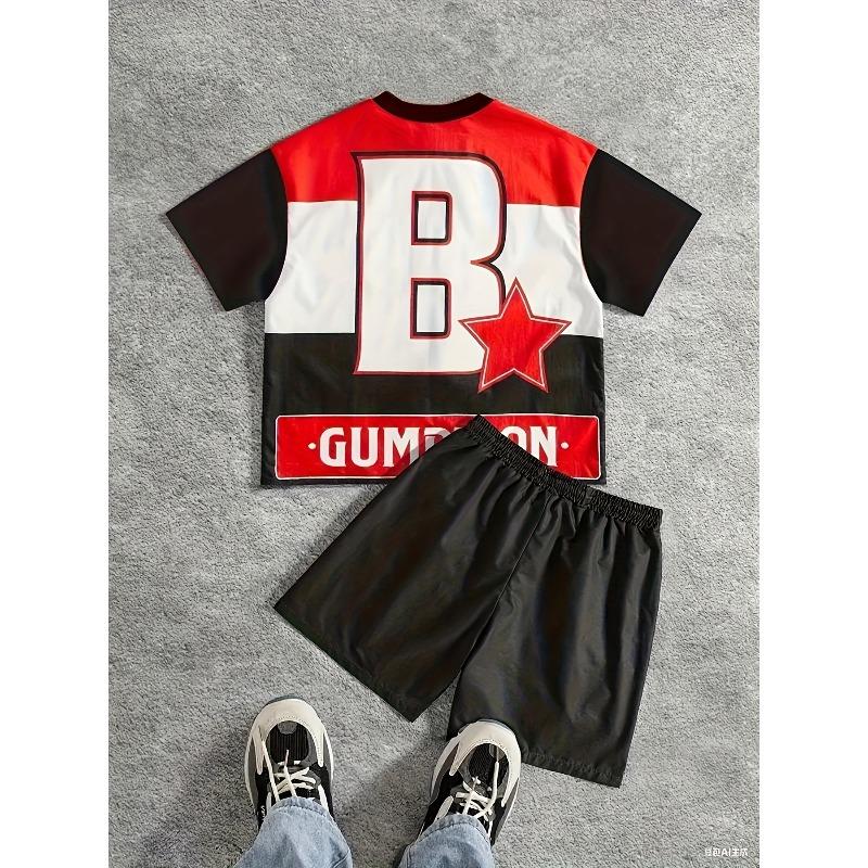 32 New York Graphic Men's Tee & Shorts Set - White w/Red-Blue Accents, Regular Fit, Summer Streetwear