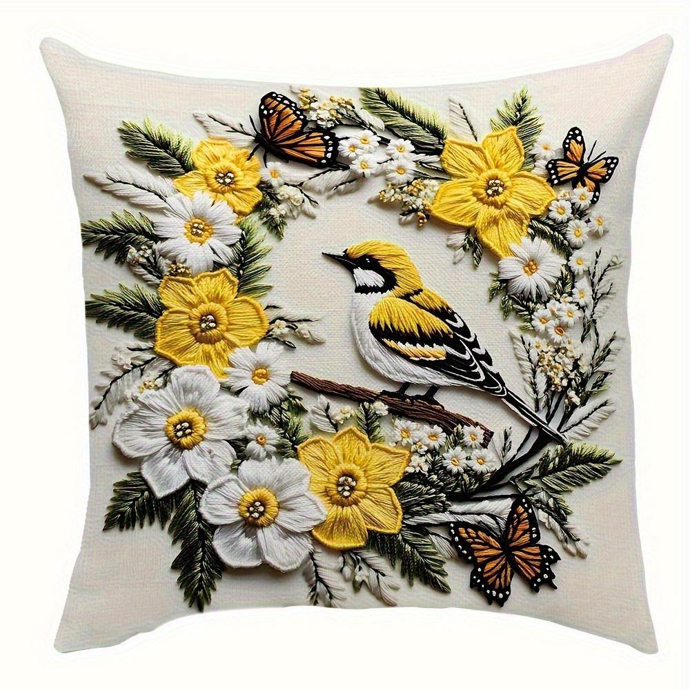 Short Plush Material Pillowcasefloral & Bird Decorative Pillow Covers: Yellow & White Delight Sofa Cushion Cover Home Room Decor