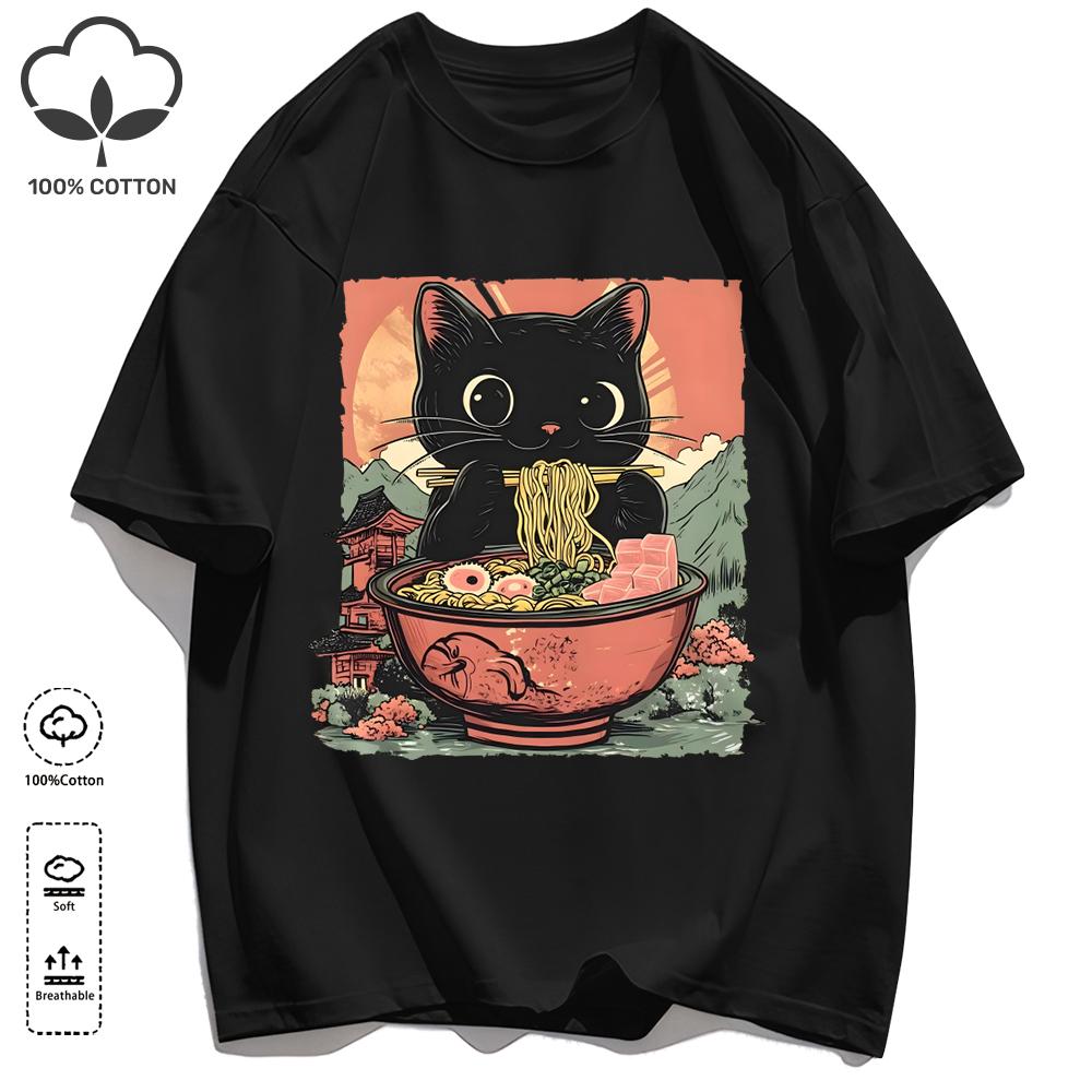 Retro Cats Like To Eat Lamian Noodles Unisex T Shirt Retro Fashion Short Sleeve Summer Comfortable Tee Unisex Cotton Loose Clothing