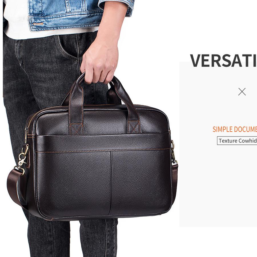 Top-Grain Leather Men's Business Briefcase - Slim 14-Inch Laptop Bag with Document Organizer, Durable Handheld for Office & Travel