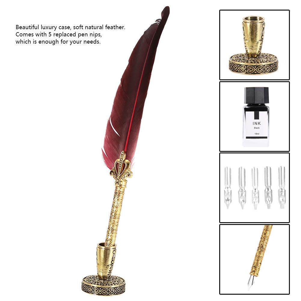 Vintage Retro Feather Dip Pen Stainless Steel Nibs Calligraphy Writing Ink Pen Gift(wine Red)