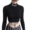 Women's Letter Embroidery Black Tight-fitting Long-sleeved Short Top Harajuku Style Retro Solid Color Top