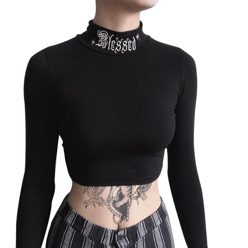 Women's Letter Embroidery Black Tight-fitting Long-sleeved Short Top Harajuku Style Retro Solid Color Top