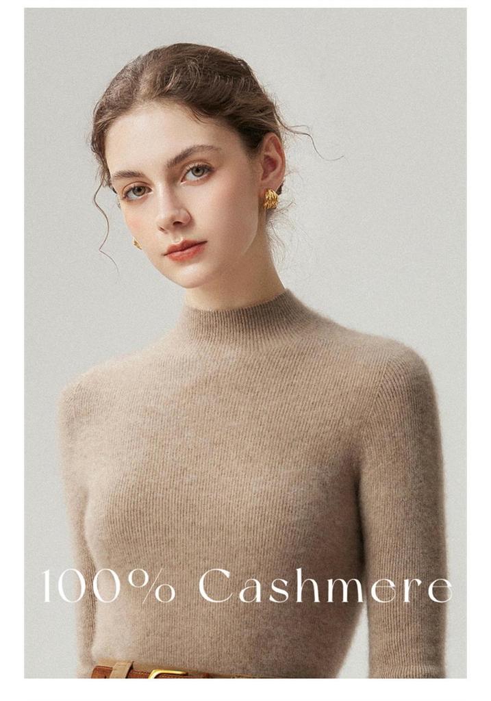 Pure Cashmere Ribbed Half-High Collar Knit Top