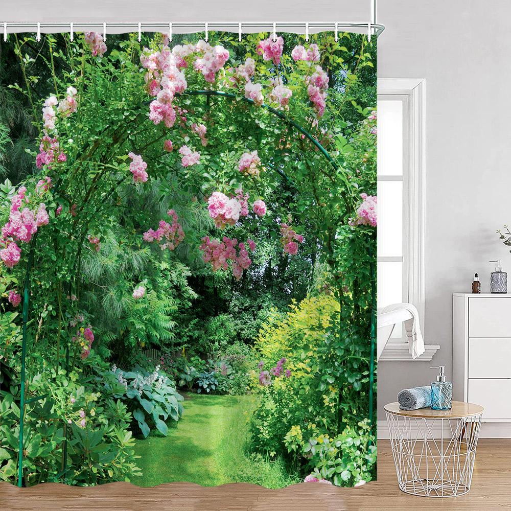 Garden Path Shower Curtains Pink Flowers Green Vines Forest Lane Bathroom Deecorations Nature Polyester Bath Curtains with Hooks