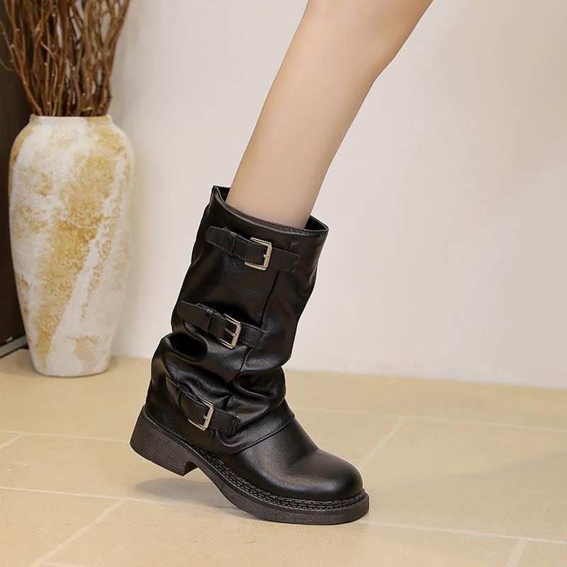 Retro belt buckle stack boots women's autumn and winter new round head thick heel medium tube knight boots versatile Martin boots